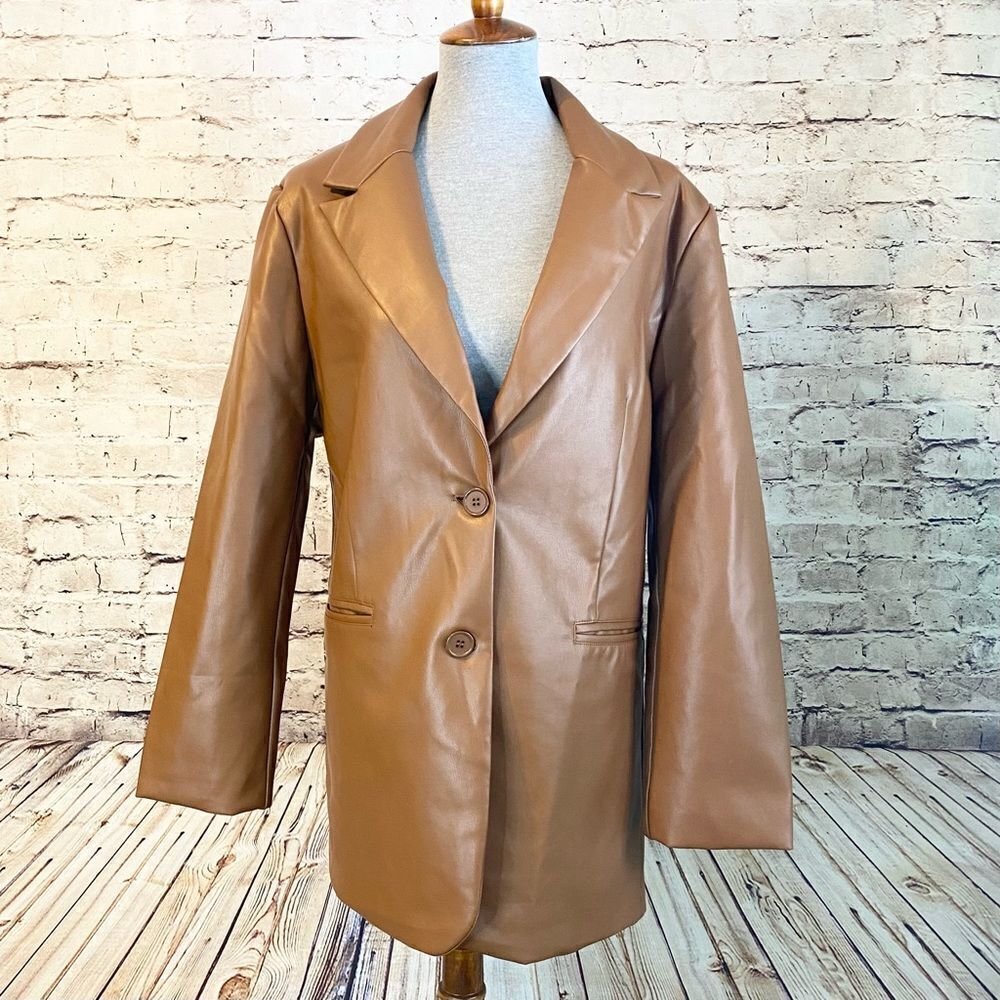 Rebecca Minkoff Lambskin Vegan Faux Leather Blazer Pockets Cognac Brown XL NWT